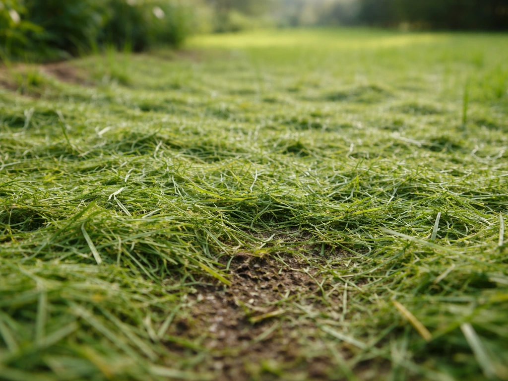 Jardin minimal avec une couche d’herbe de tonte sur le sol, montrant la rétention d’humidité et la protection.