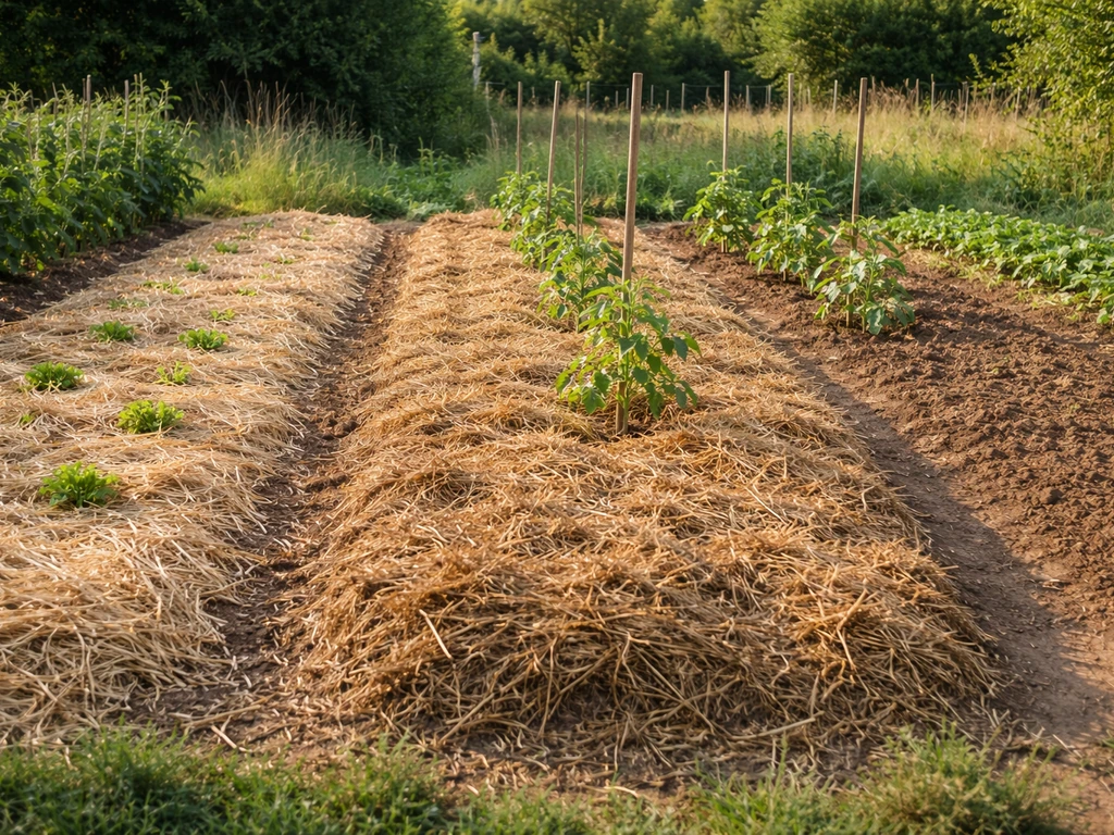 Potager avec trois zones de sol: paillage frais mince, paillage sec épais et sol nu entre les rangs.