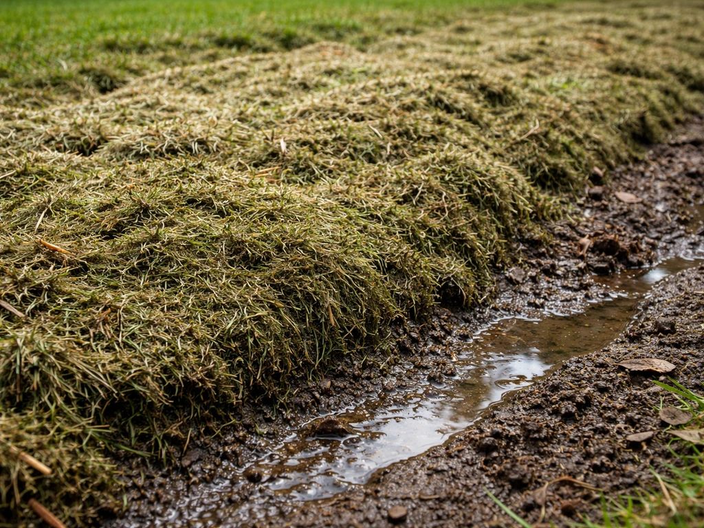 Gros plan au sol : herbe de tonte paillée trop dense, feutrage et humidité avec ruissellement localisé.
