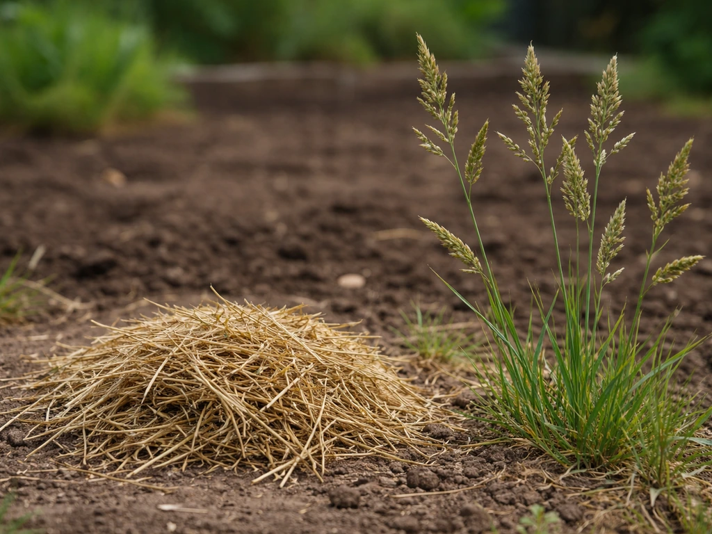 Gros plan sur des épis d’herbe avec des graines et un paillis qui ne devrait pas être réutilisé