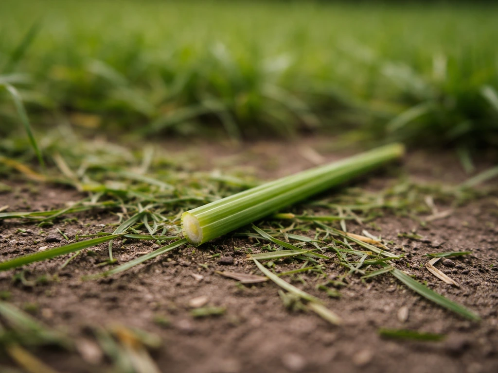 Vue macro d’une brindille d’herbe et de résidus d’herbe coupée sur un sol de jardin, lumière naturelle