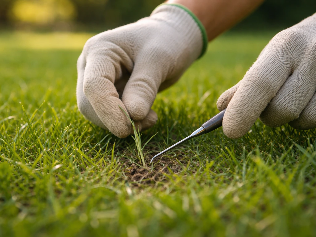 Main gantée retirant délicatement une brindille d’herbe sur une pelouse, avec un petit outil horticole.