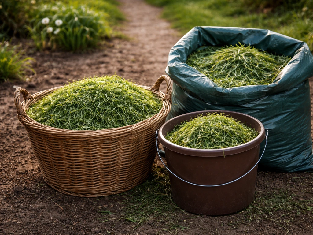 Panier et sac de déchets verts avec de l’herbe coupée prête pour le compostage dans un jardin.