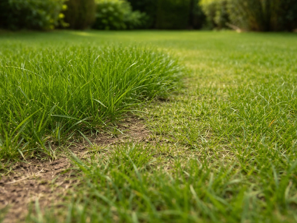 Gros plan d’une pelouse avec des mèches d’herbe et une pousse inégale dans un coin.