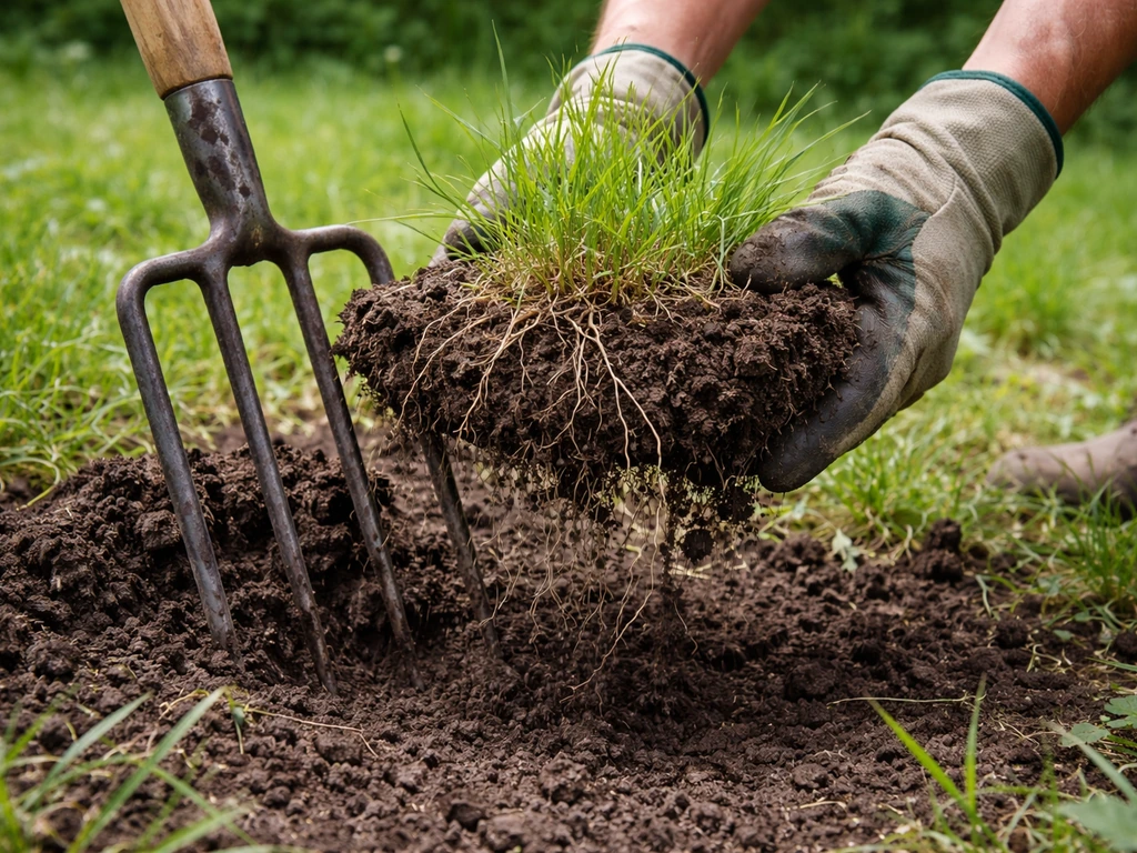 Mains gantées utilisant une fourche-bêche pour soulever une motte de chiendent avec ses rhizomes visibles.