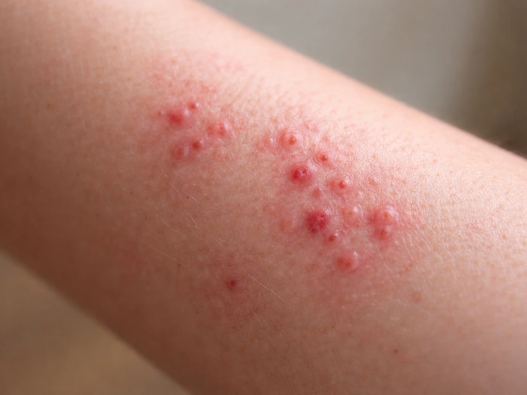 Gros plan de la peau avec petits boutons rouges en grappe, évoquant une piqûre après jardinage
