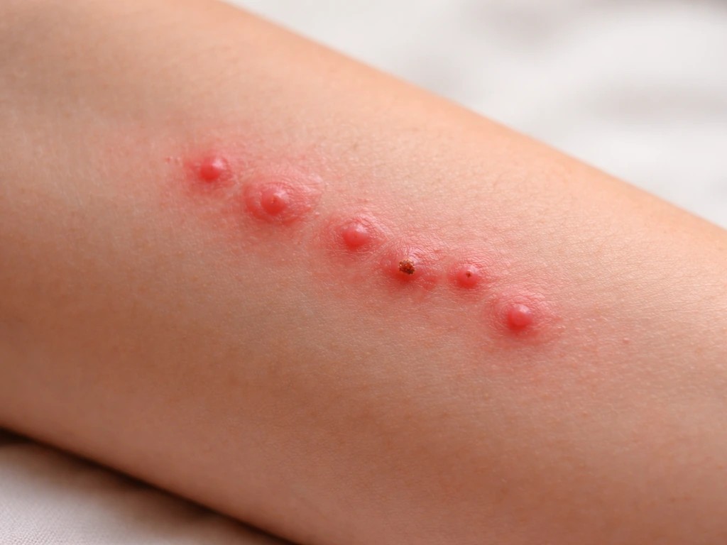 Petits boutons rouges très prurigineux regroupés en ligne sur la peau, vue rapprochée réaliste.