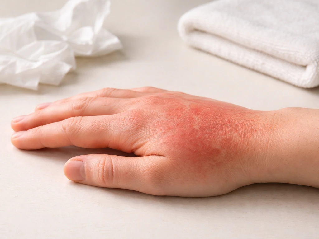 Main avec gonflement rapide et plaques urticariennes sur peau, ambiance d’alerte médicale