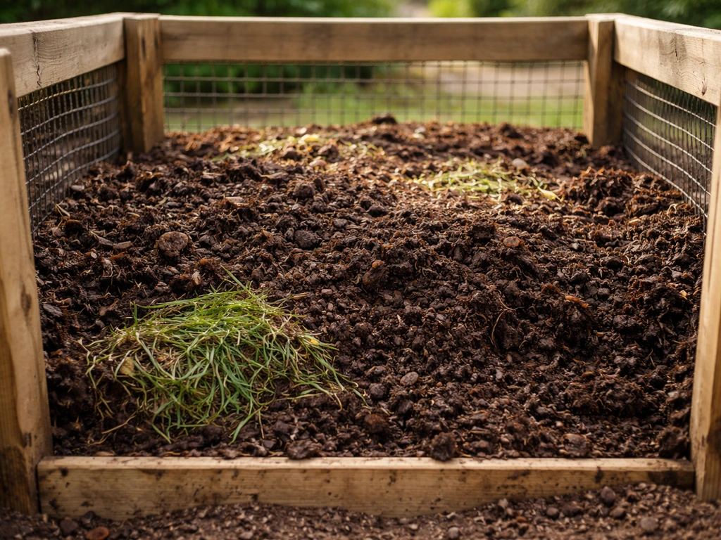 Composteur de jardin ouvert : herbe tondue et compost humide, compact, en contraste avec une zone plus équilibrée.