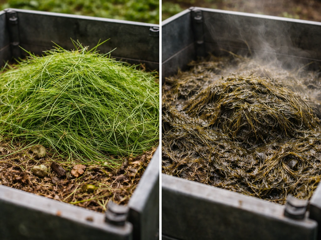 Comparaison côte à côte : herbe avec graines à gauche, herbe humide qui fermente mal dans le compost à droite.