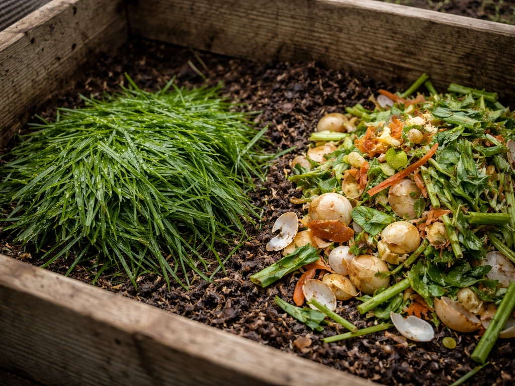 Mélange dans un compost : herbe fraîche très humide et épluchures/engrais verts en excès