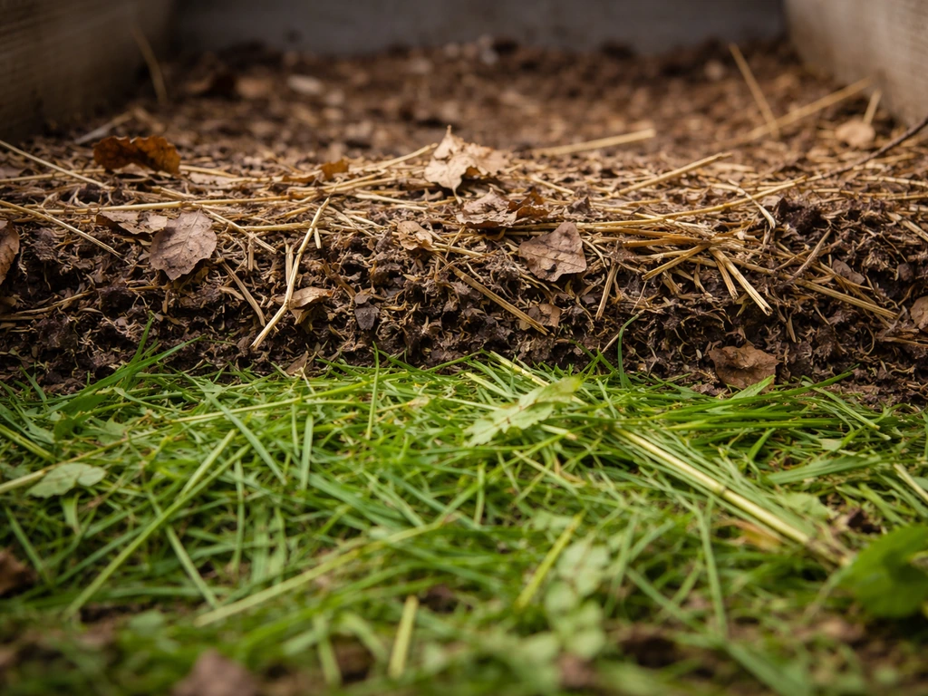 Herbe fraîche au sol avec une couche de matières brunes sur un compost, illustrant l’effet des graines