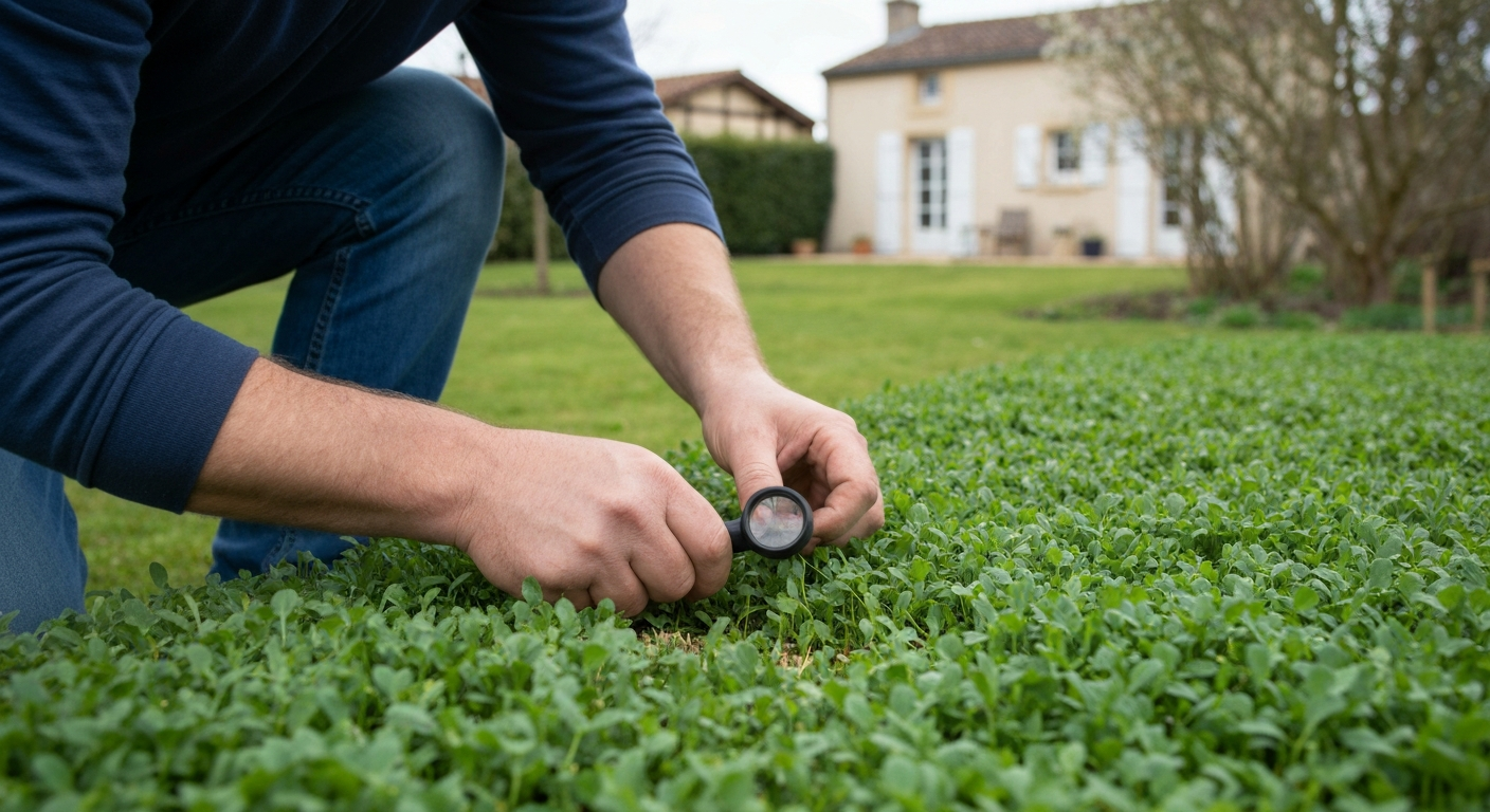 Jardinier examinant une pelouse avec une loupe ; on voit des épillets sur le gazon et une tondeuse en arrière-plan, lumière naturelle.