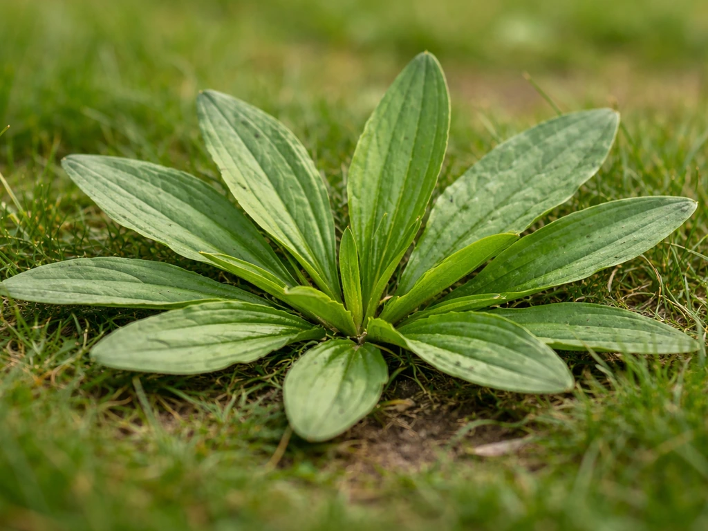 Gros plan sur une rosette basse de plantain lancéolé dans une pelouse, feuilles vertes en rosette.