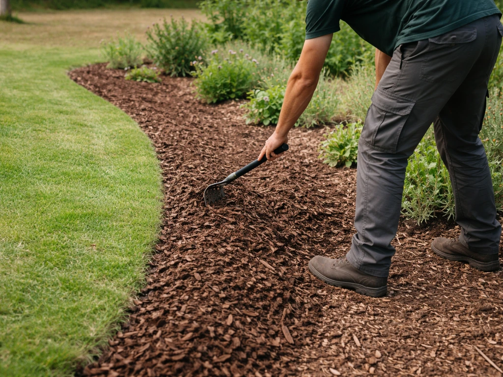 Bordure de jardin recouverte d’un paillis épais, un jardinier l’étale pour empêcher la germination.