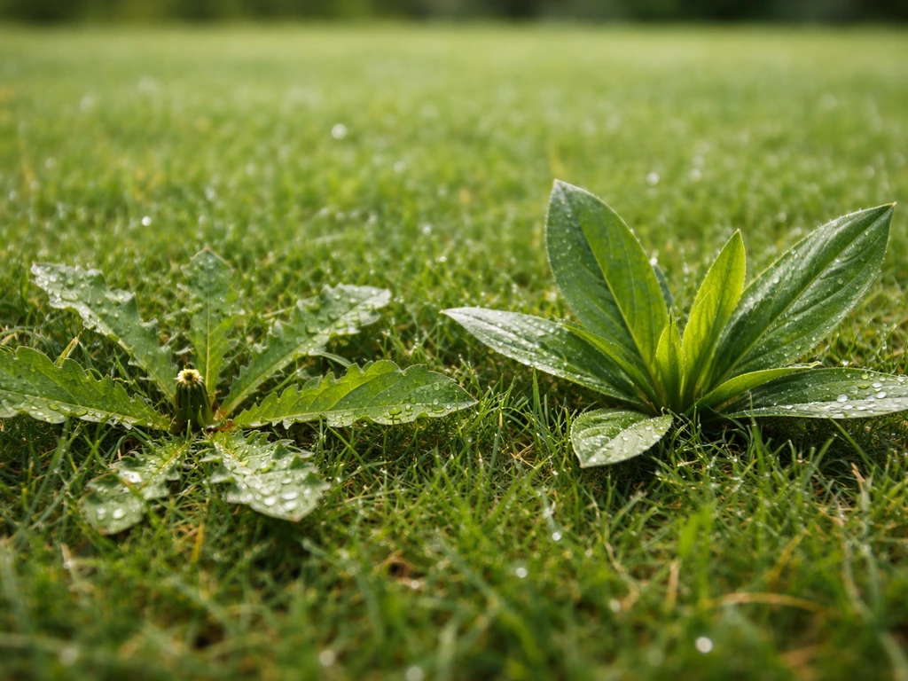 Pissenlit et plantain au milieu d’une pelouse verte, vue rapprochée pour un diagnostic rapide.