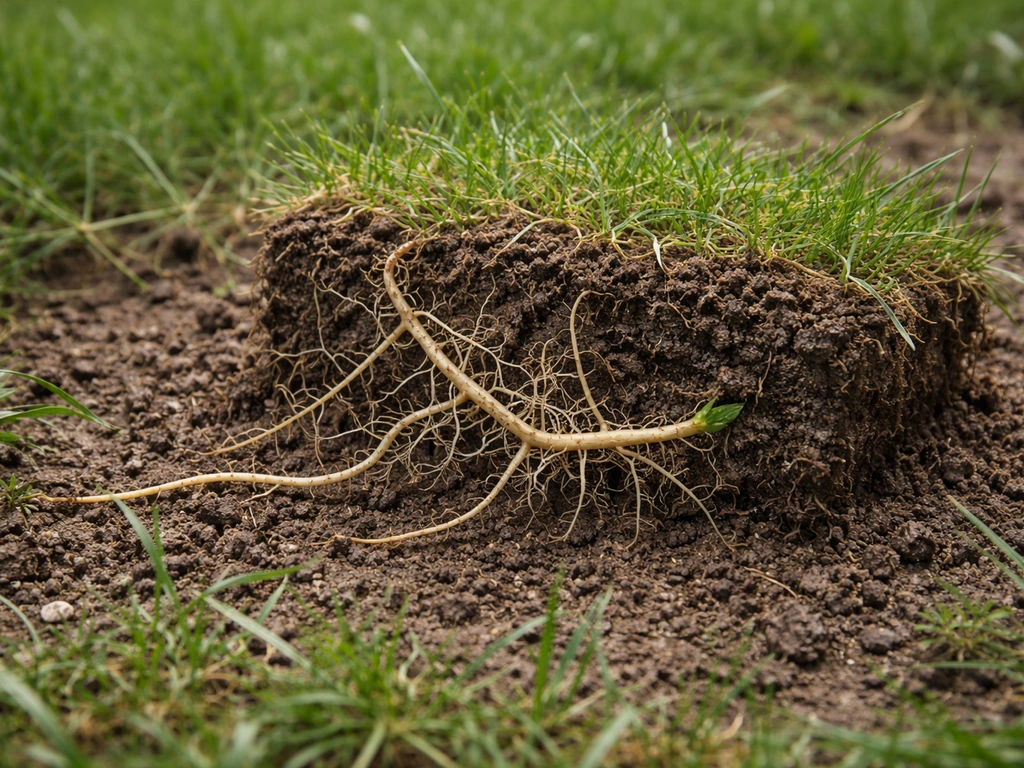 Motte de terre avec rhizomes visibles de chiendent, montrant sa ténacité et la régénération possible.