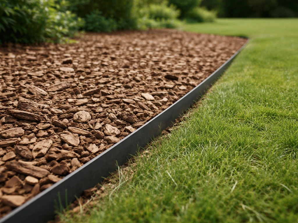 Paillage épais (5–8 cm) en écorces et bordure anti-racines le long d’une pelouse, jardin soigné.