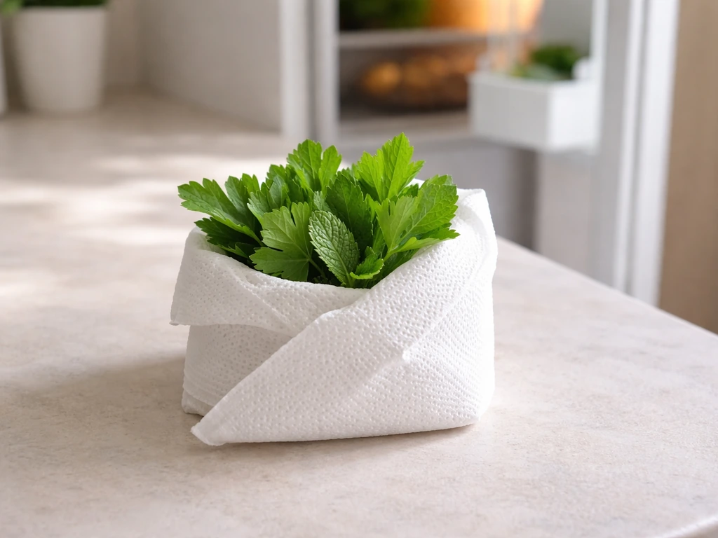 Bottes de persil et menthe enroulées dans du papier absorbant, prêtes à être mises au réfrigérateur.