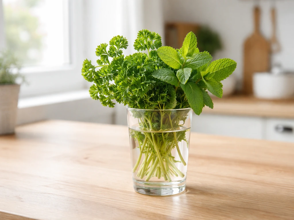 Bouquet d’herbes fraîches dans un verre d’eau sur un plan de travail, près d’une fenêtre.
