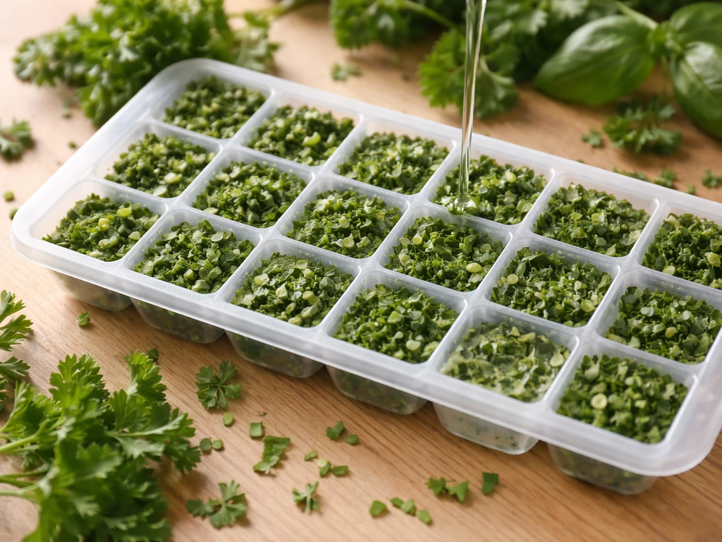 Bac à glaçons rempli de cubes d’herbes vertes, avec un peu d’eau versée dans certaines alvéoles.