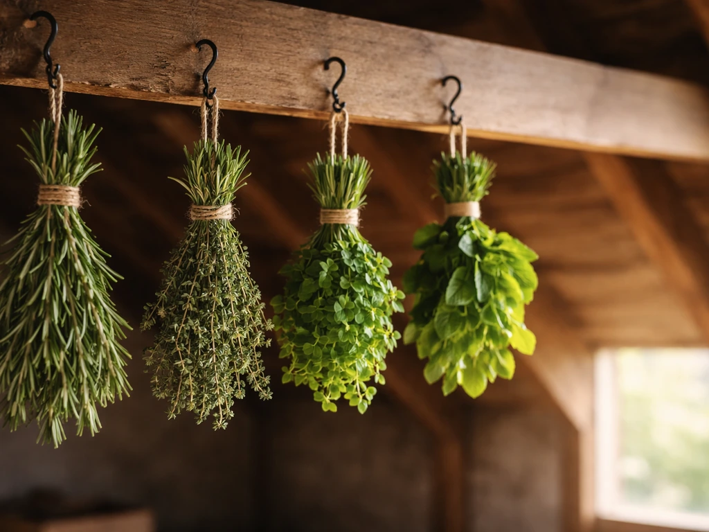 Petits bouquets d’herbes suspendus tête en bas dans un grenier sec et aéré, à l’abri de la lumière directe.