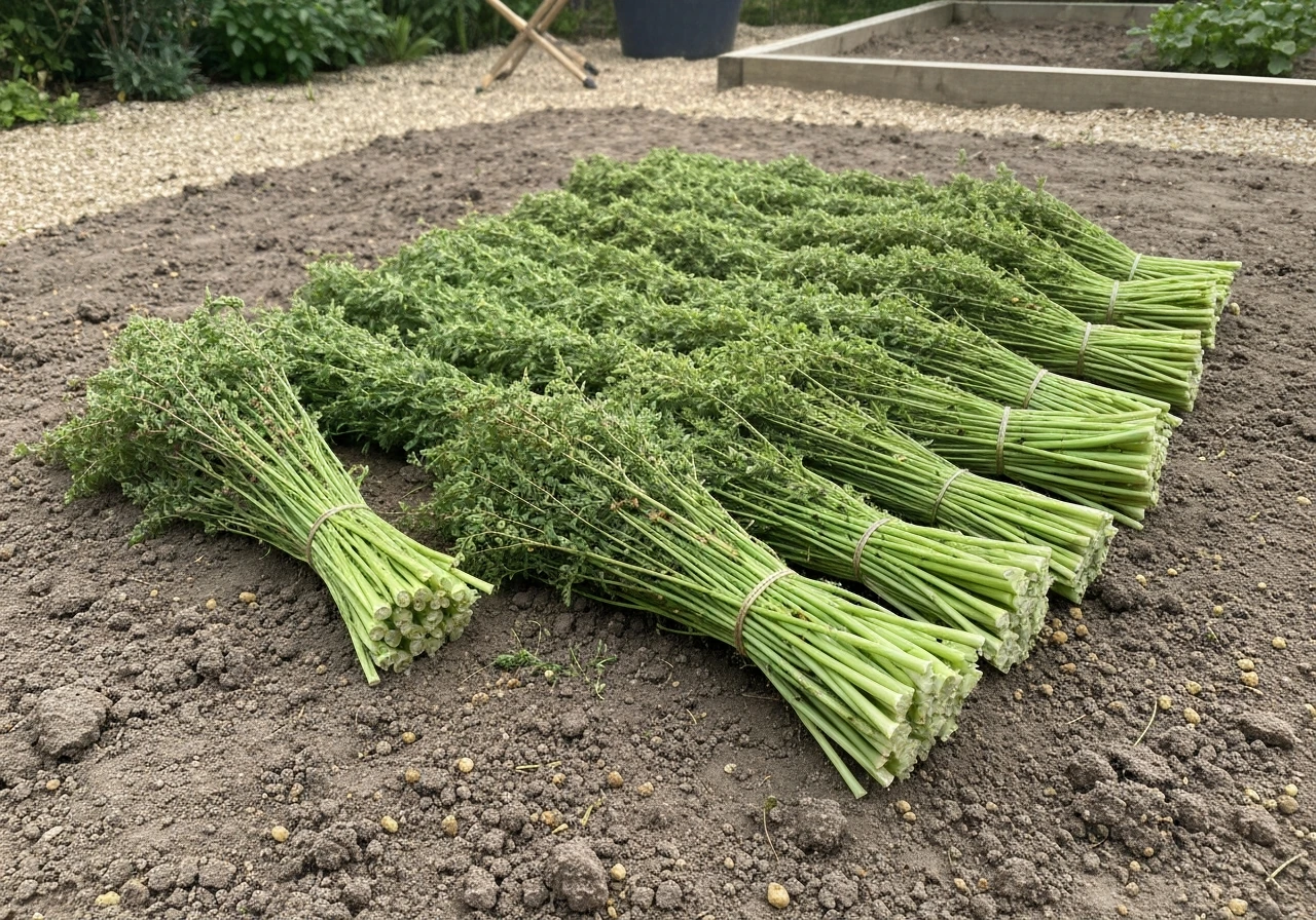 Gros plan de tontes d’herbe bien ressuyées, étalées sur le sol, prêtes à être utilisées comme paillis.