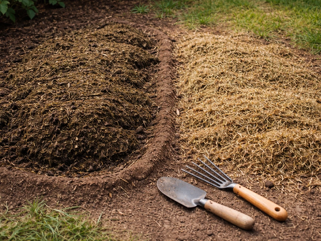 Jardin avec paillis d’herbe coupée trop compact, sombre et odorant, face à un paillis bien aéré et clair