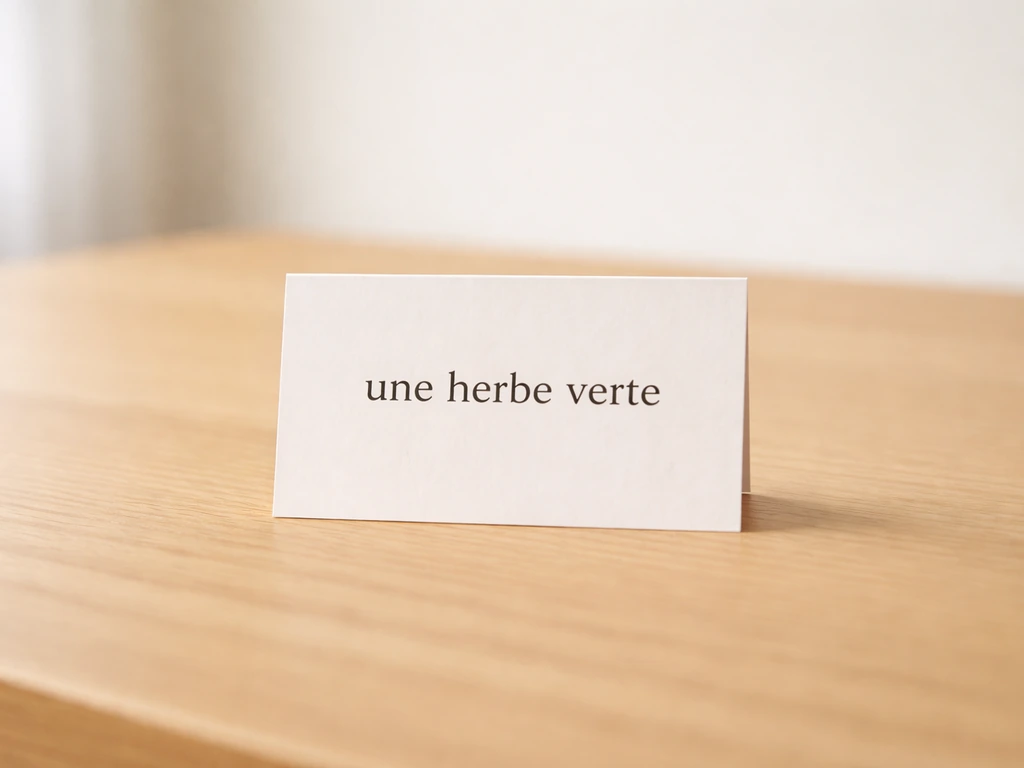 Une pancarte posée sur un bureau affichant « une herbe » avec un adjectif au féminin, lumière naturelle.