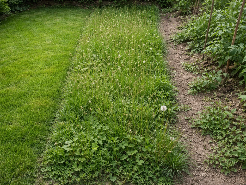Plan rapproché d’une bordure de pelouse nette, d’herbes sauvages et d’une zone de mauvaises herbes dans un jardin.