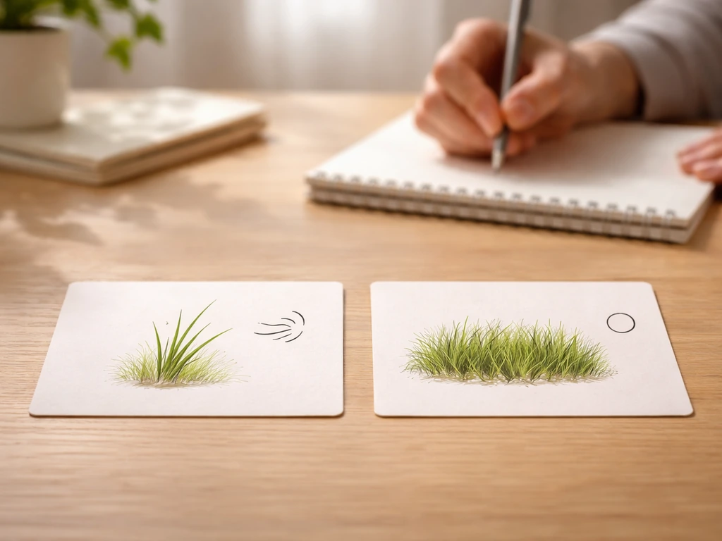 Petit bureau avec deux cartes : une herbe (féminin) et un gazon (masculin), pour illustrer une vérification rapide.