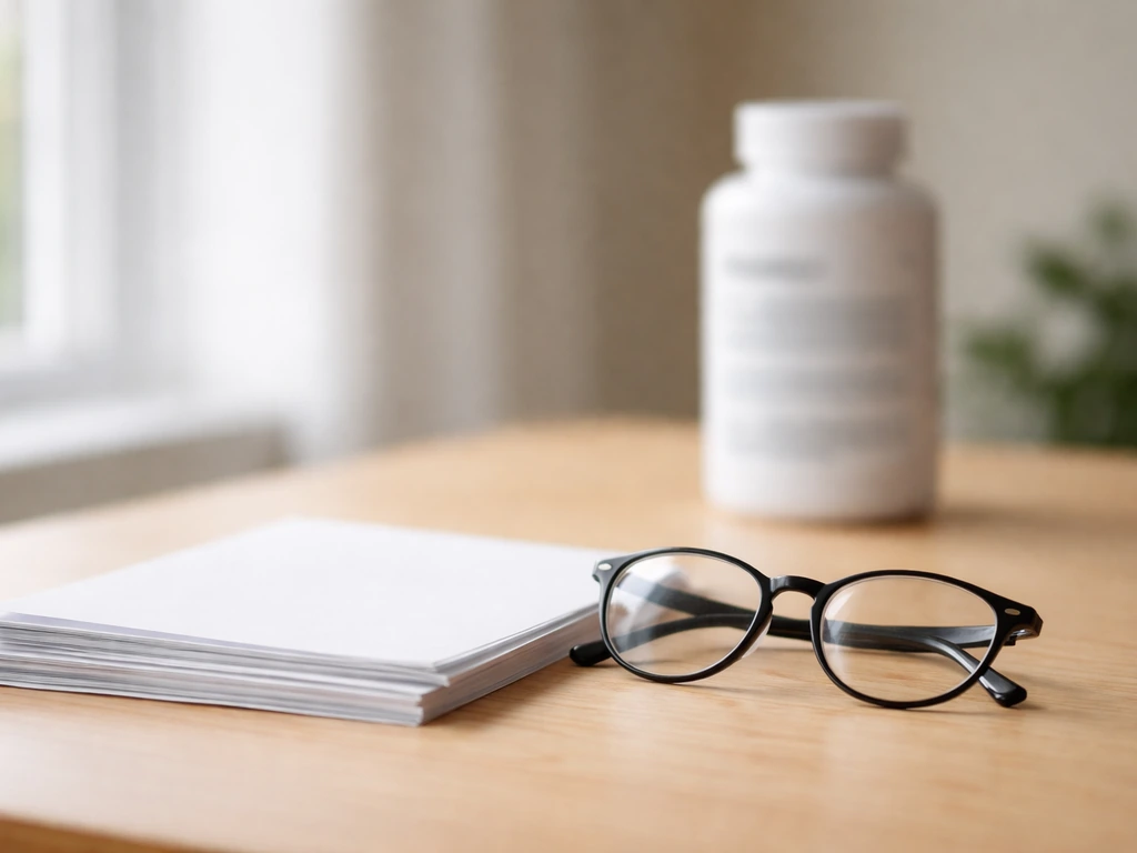 Documents et lunettes nets au premier plan, étiquette de produit floue derrière, contraste marketing et science.