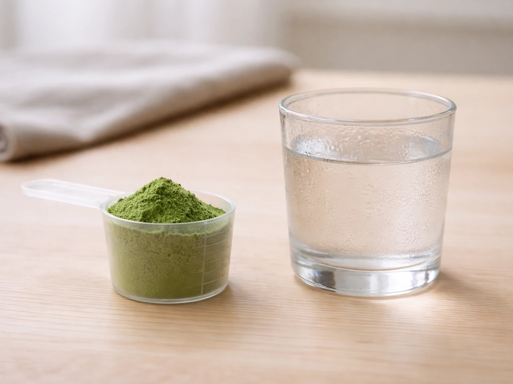 Cuillère doseuse remplie de poudre d’herbe de blé, puis verre d’eau fraîche posé sur une table.