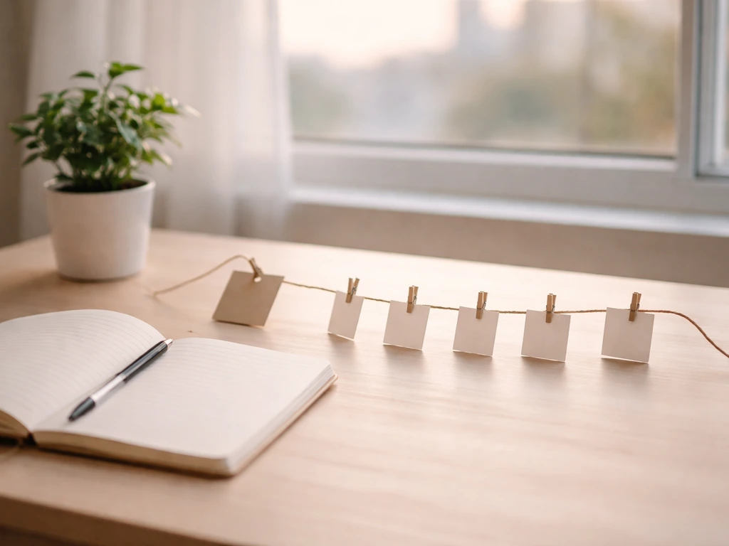 Bureau avec petite plante et ficelle en forme de frise reliant des étiquettes vides, idée de famille de mots.