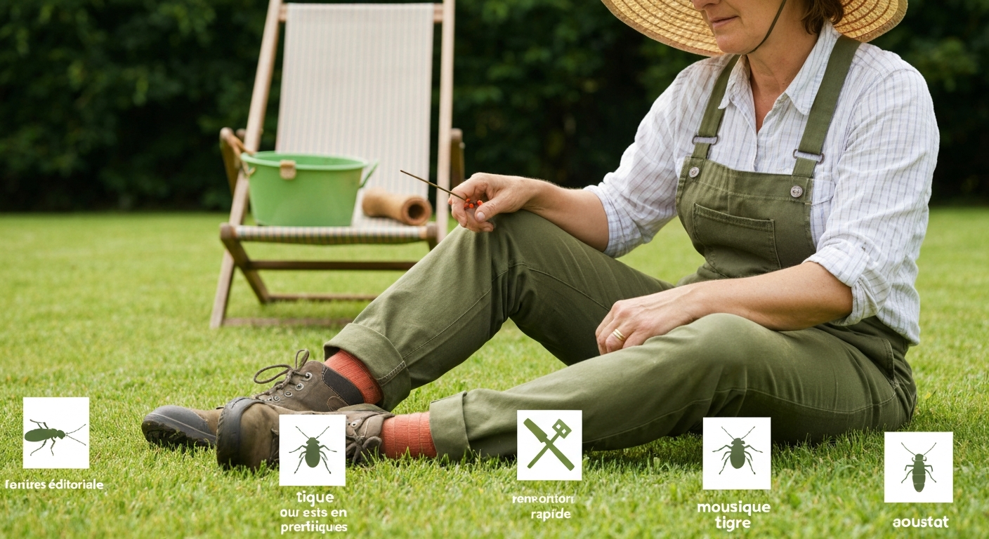 Personne en tenue de jardinage assise sur la pelouse montrant une cheville avec deux petits boutons rouges, contexte de jardin en arrière‑plan, pictogrammes discrets d'insectes.