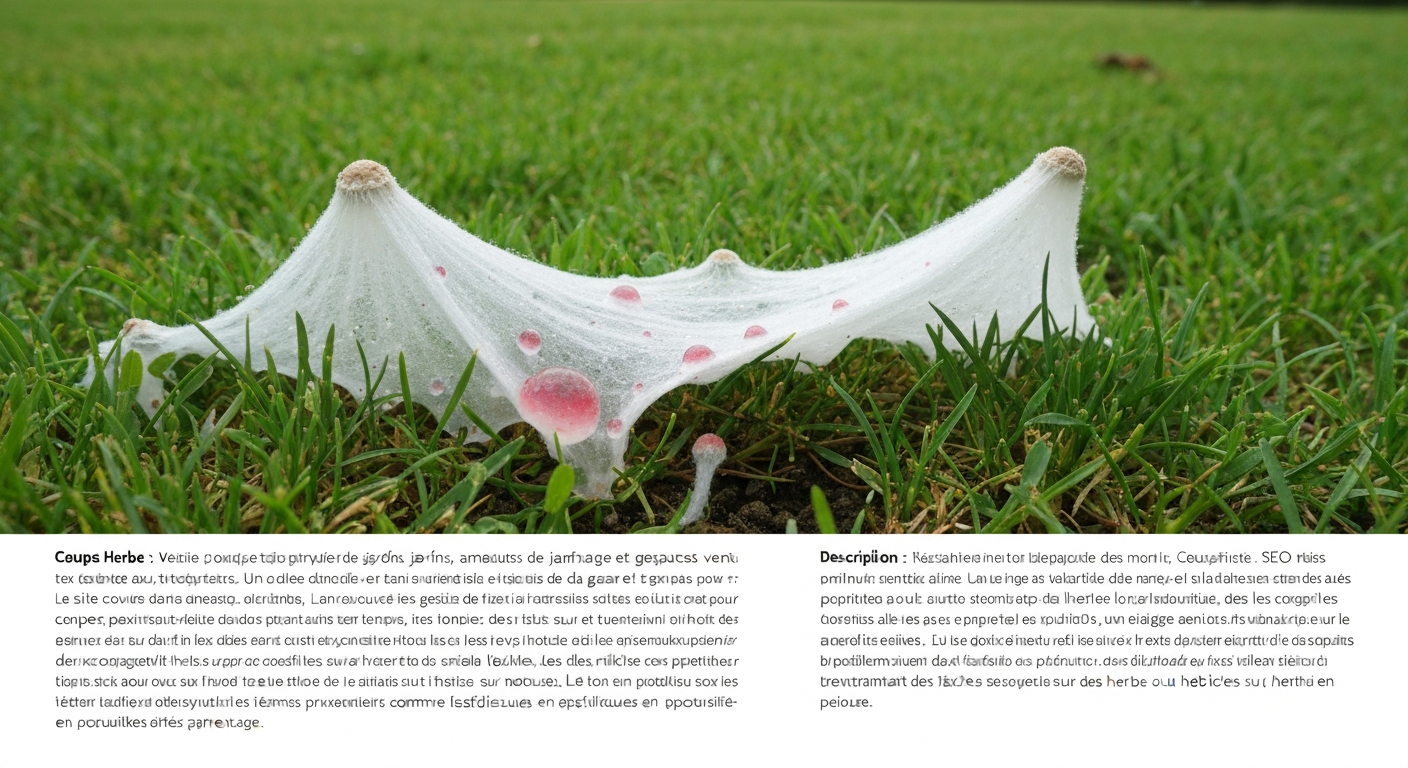 Voile blanc cotonneux de mycélium sur gazon au petit matin avec rosée