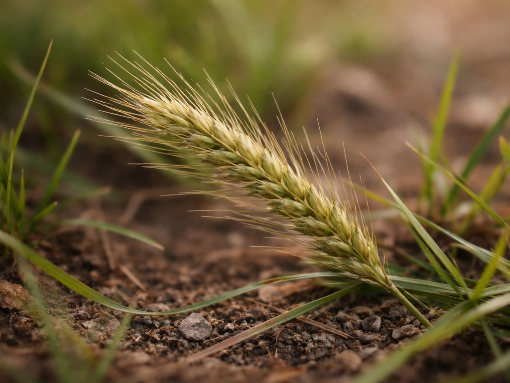 Gros plan d’une inflorescence d’herbe adventice, épis avec épillets et barbes visibles.