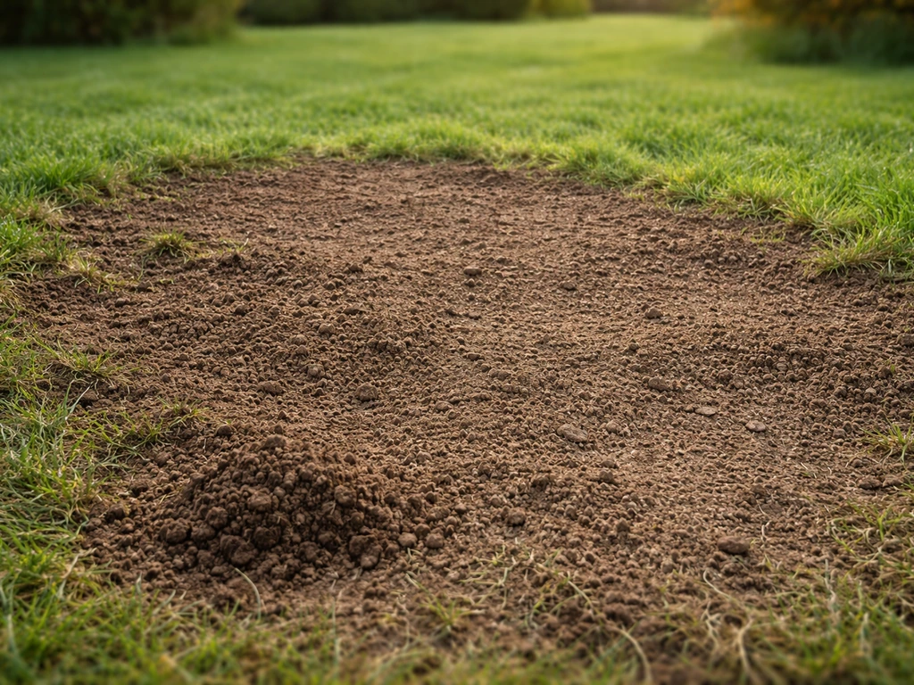 Pelouse nettoyée après arrachage, sol préparé et terre fine prête pour le regarnissage