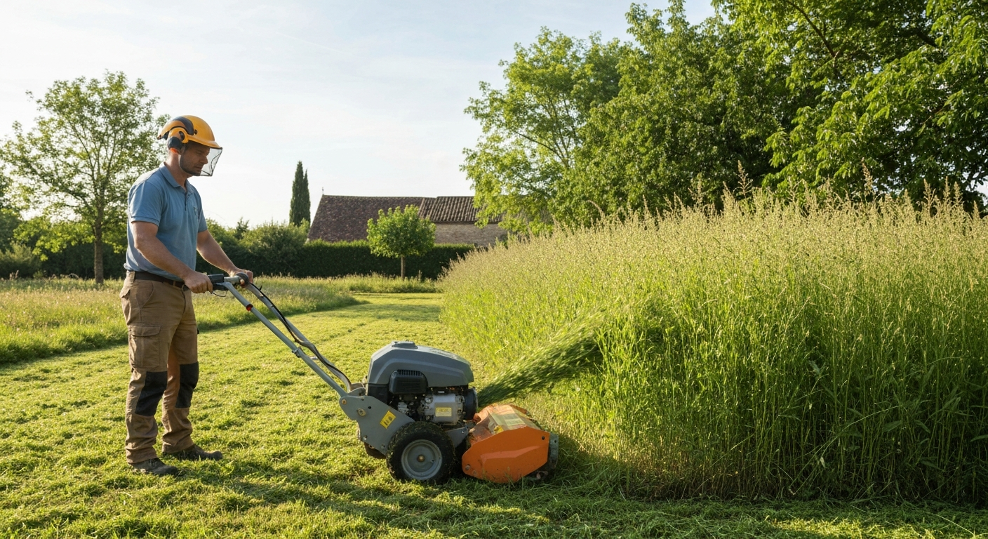 Personne anonymisée utilisant une débroussailleuse thermique pour faucher de l'herbe haute dans un jardin français, avec EPI complet et andains de végétaux.