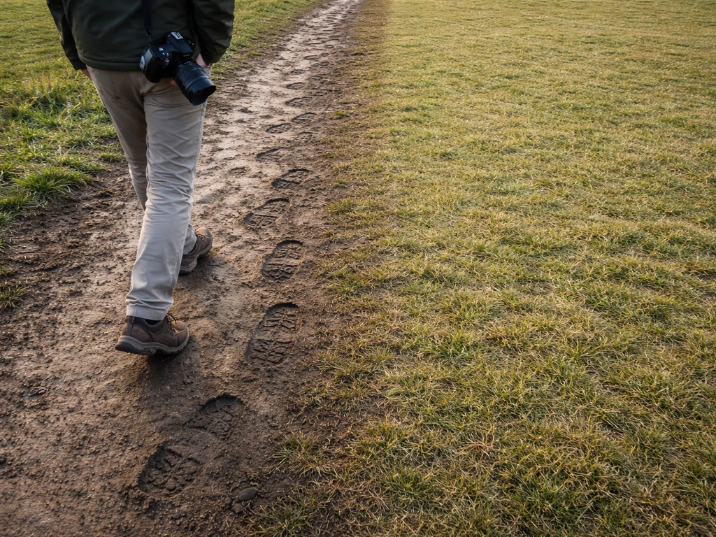 Pelouse avec traces de pas dans une zone humide à côté d’herbe sèche en surface