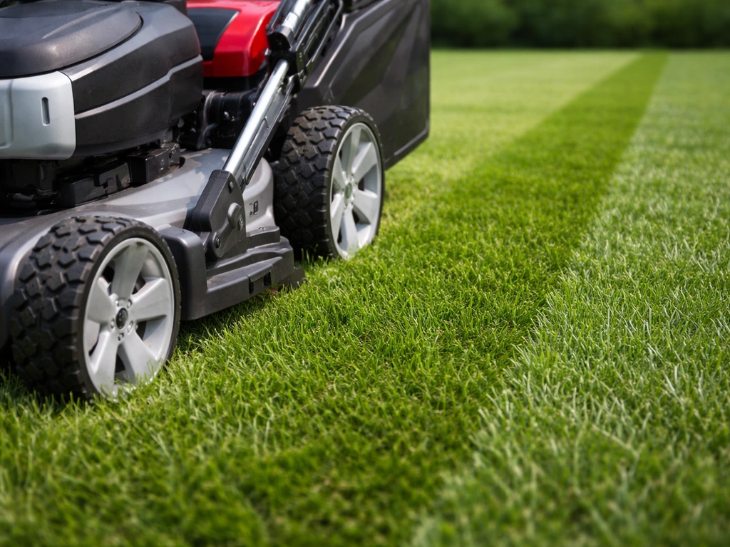 Gros plan sur la hauteur de coupe d’une tondeuse et une bande d’herbe coupée net, sans paquets.