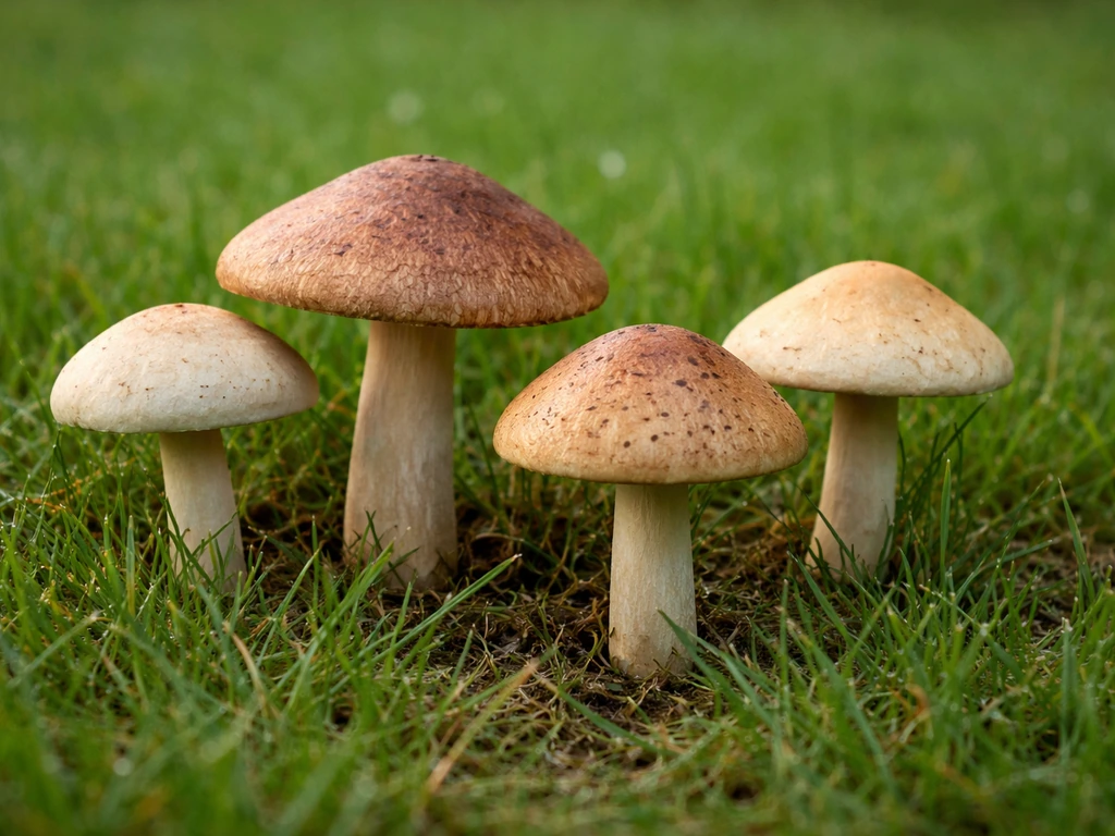 Gros plan de champignons variés poussant dans une pelouse, chapeaux et pieds visibles, couleurs différentes.
