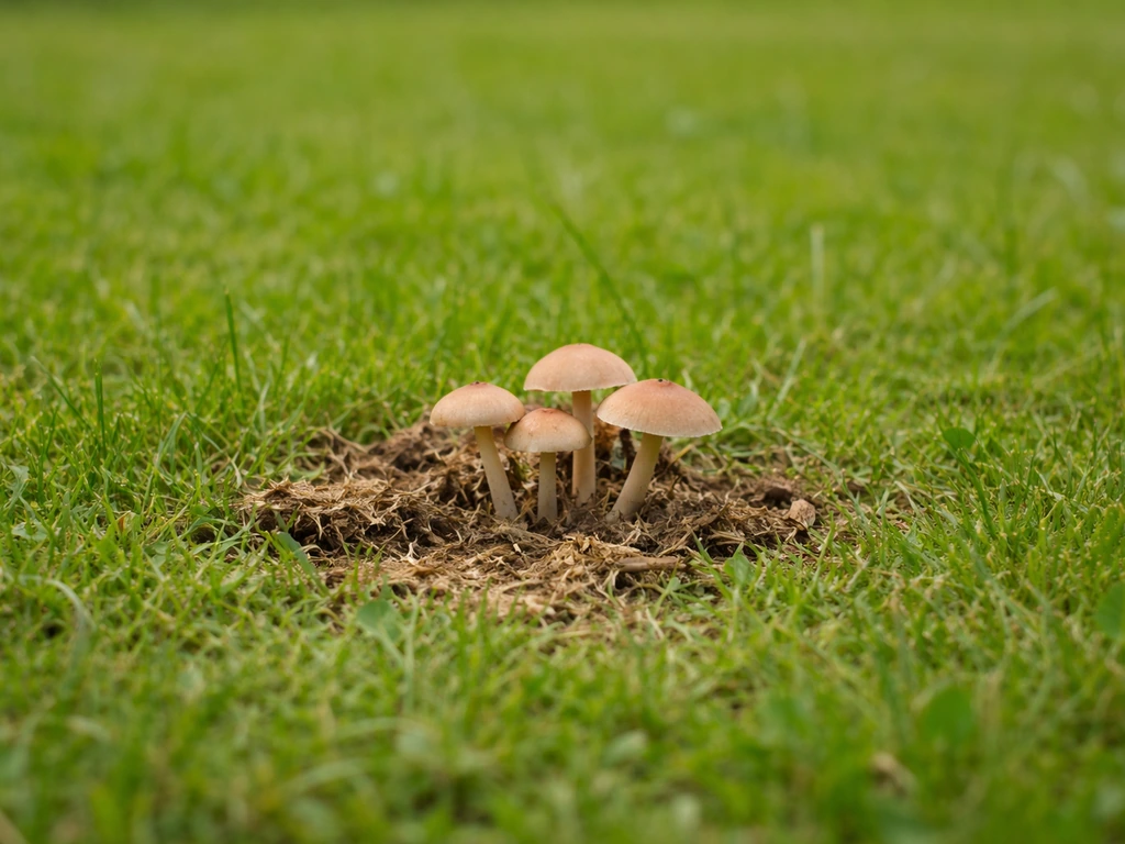 Groupe de champignons au même endroit dans le gazon, avec débris végétal et terre remuée autour.