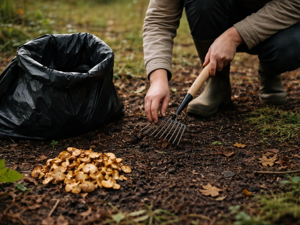 Personne ramassant des champignons au jardin avec un râteau, un sac poubelle ouvert en attente sur le sol.