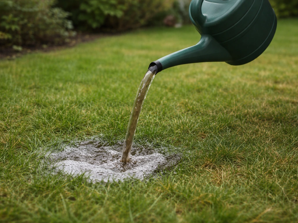Arrosoir versant de l’eau savonneuse au savon de Marseille sur le gazon, traitement naturel en jardin.