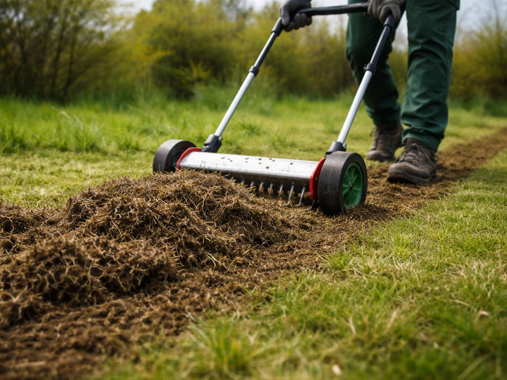 Scarification au printemps : feutre de tonte retiré sur une pelouse fraîchement travaillée, personne anonyme.