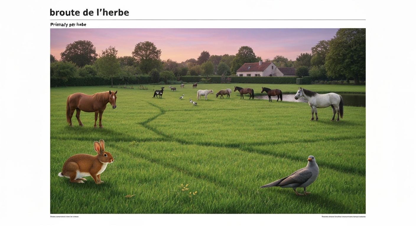 Jardin péri‑urbain en soirée avec plusieurs animaux (lapin, chevreuil, moutons, cheval, oies) broutant une pelouse et zones rases visibles.