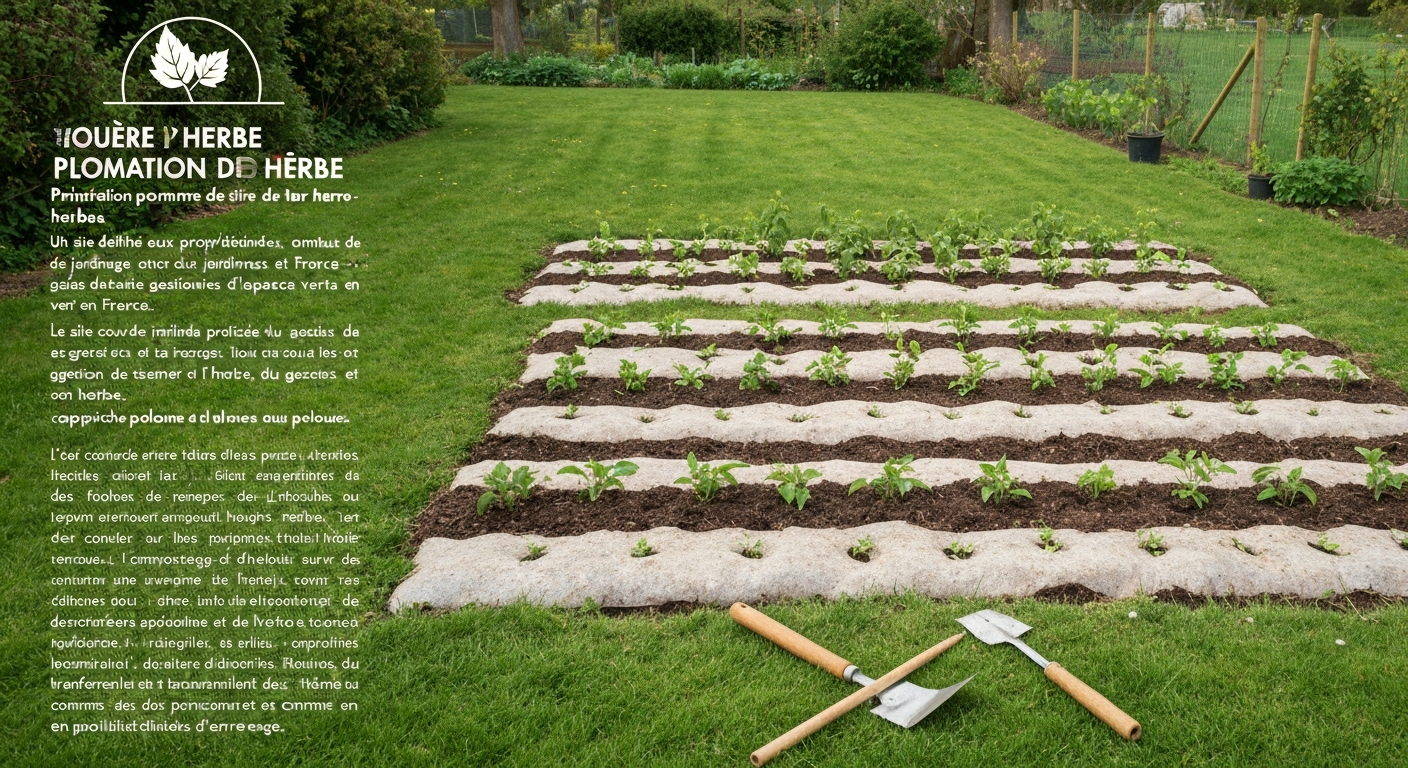 Pelouse transformée en culture de pommes de terre en lasagnes : cartons, compost, paille et jeunes pousses.