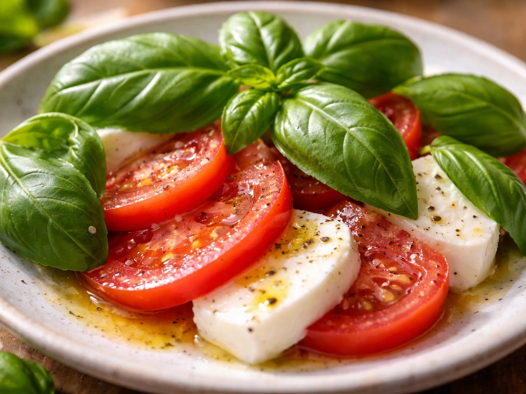 Feuilles de basilic vert sur tranches de tomate et mozzarella, gros plan appétissant à la lumière naturelle.