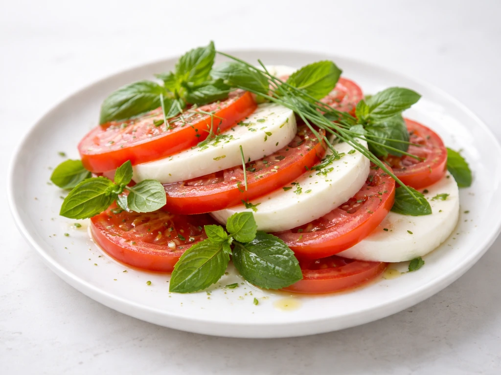 Montage de caprese estivale avec tomates, mozzarella et herbes variées visibles (basilic, menthe, ciboulette).